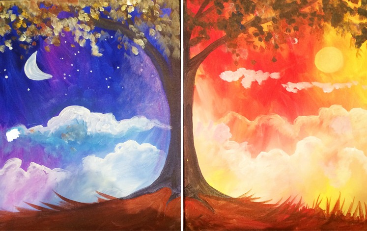 Night and Day acrylic paintings for our next paint and wine class